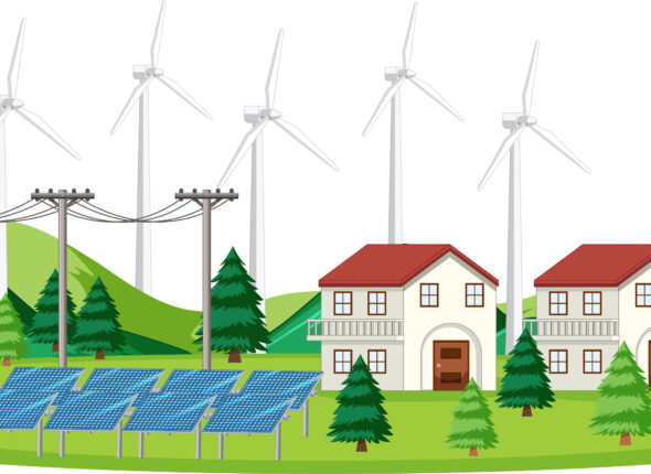 Scene with solar cell and wind turbines at home