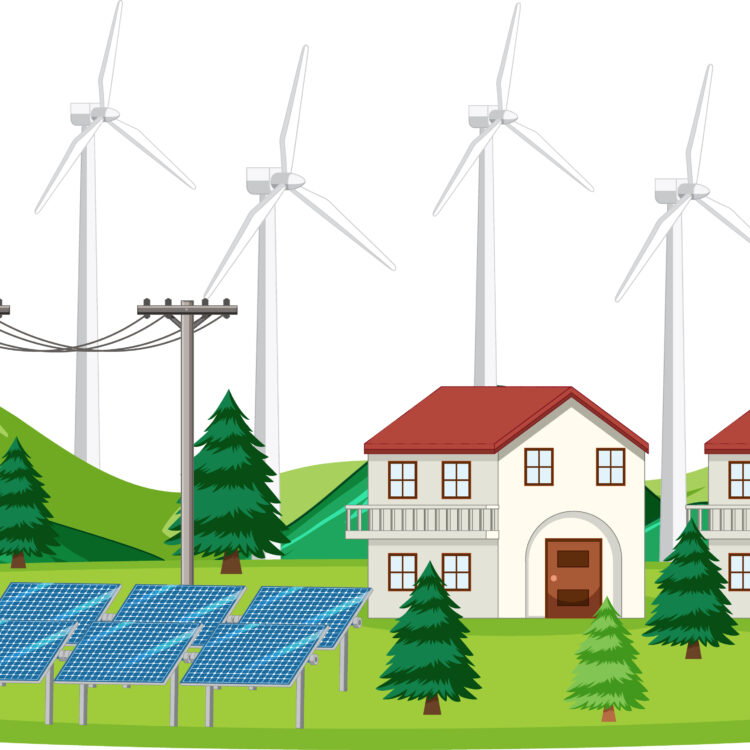 Scene with solar cell and wind turbines at home